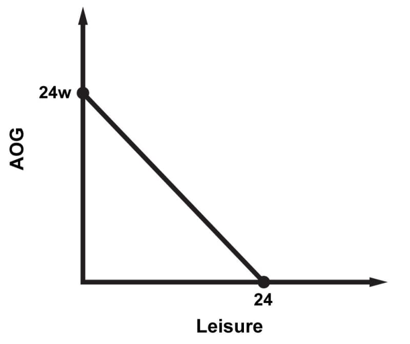 A worker's budget constraint, with leisure time in hours on the horizontal axis and all other goods in dollars on the vertical axis. The budget constraint is a straight line that runs from 24 times w on the vertical axis down to 24 on the horizontal axis.
