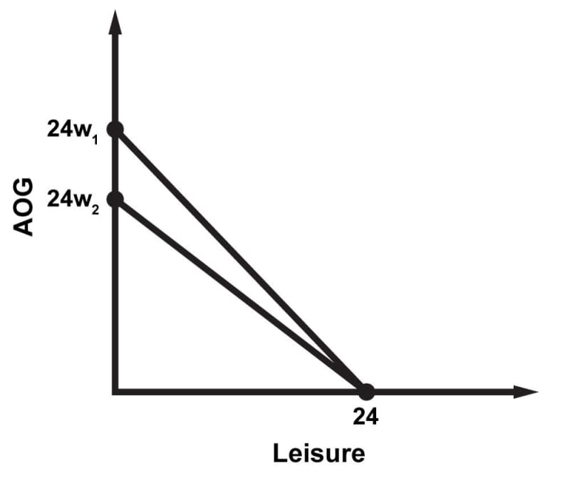A worker's budget constraint, affected by a drop in the wage rate. Leisure time in hours is on the horizontal axis and all other goods in dollars are on the vertical axis. The initial budget constraint is a straight line that runs from 24 times w 1 on the vertical axis down to 24 on the horizontal axis. The final budget constraint still ends at 24 on the horizontal axis, but on the vertical axis it starts at 24 times w 2, which is below 24 times w 1.