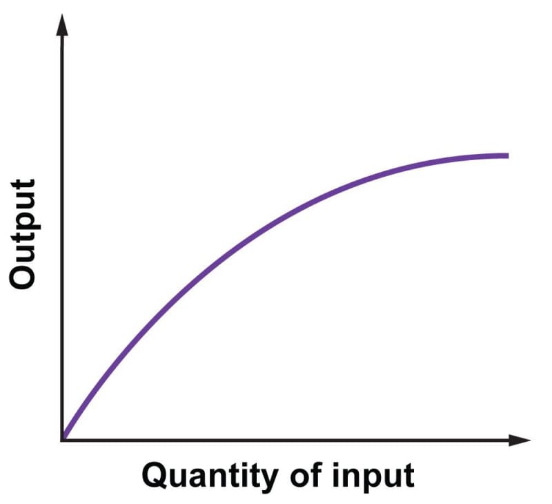 A sample production function, with generic quantity of input on the horizontal axis and output on the vertical axis. The curve is concave down and everywhere increasing.