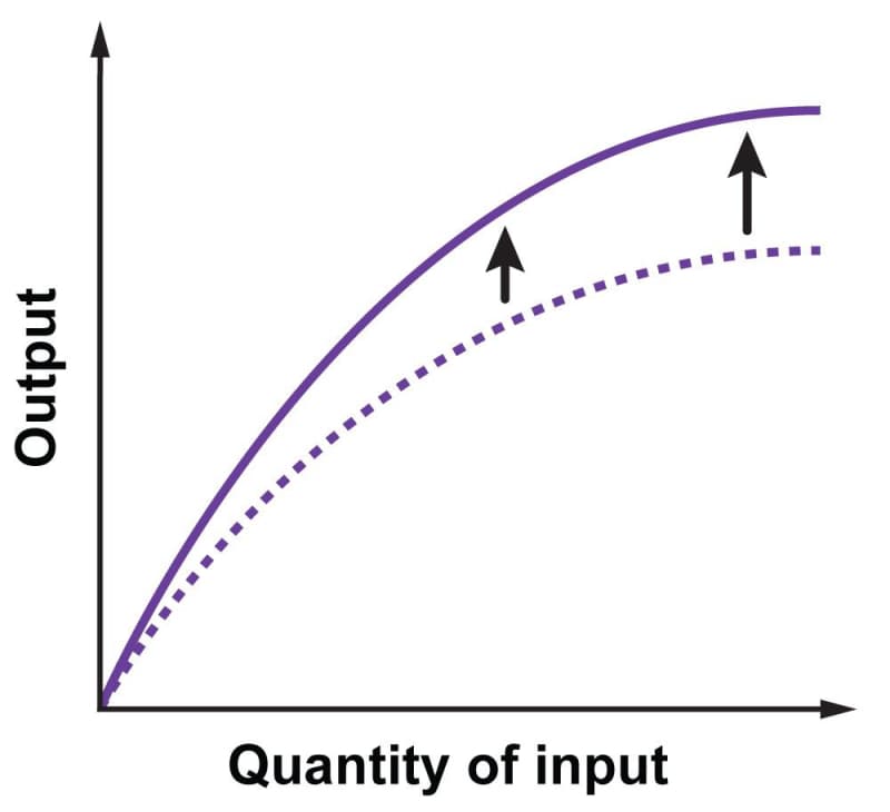 The effect of a technological advance. A sample production function, with generic quantity of input on the horizontal axis and output on the vertical axis. The curve is concave down and everywhere increasing. The effect of the technological advance is to shift the entire curve vertically upward, while leaving its left end anchored to the origin.